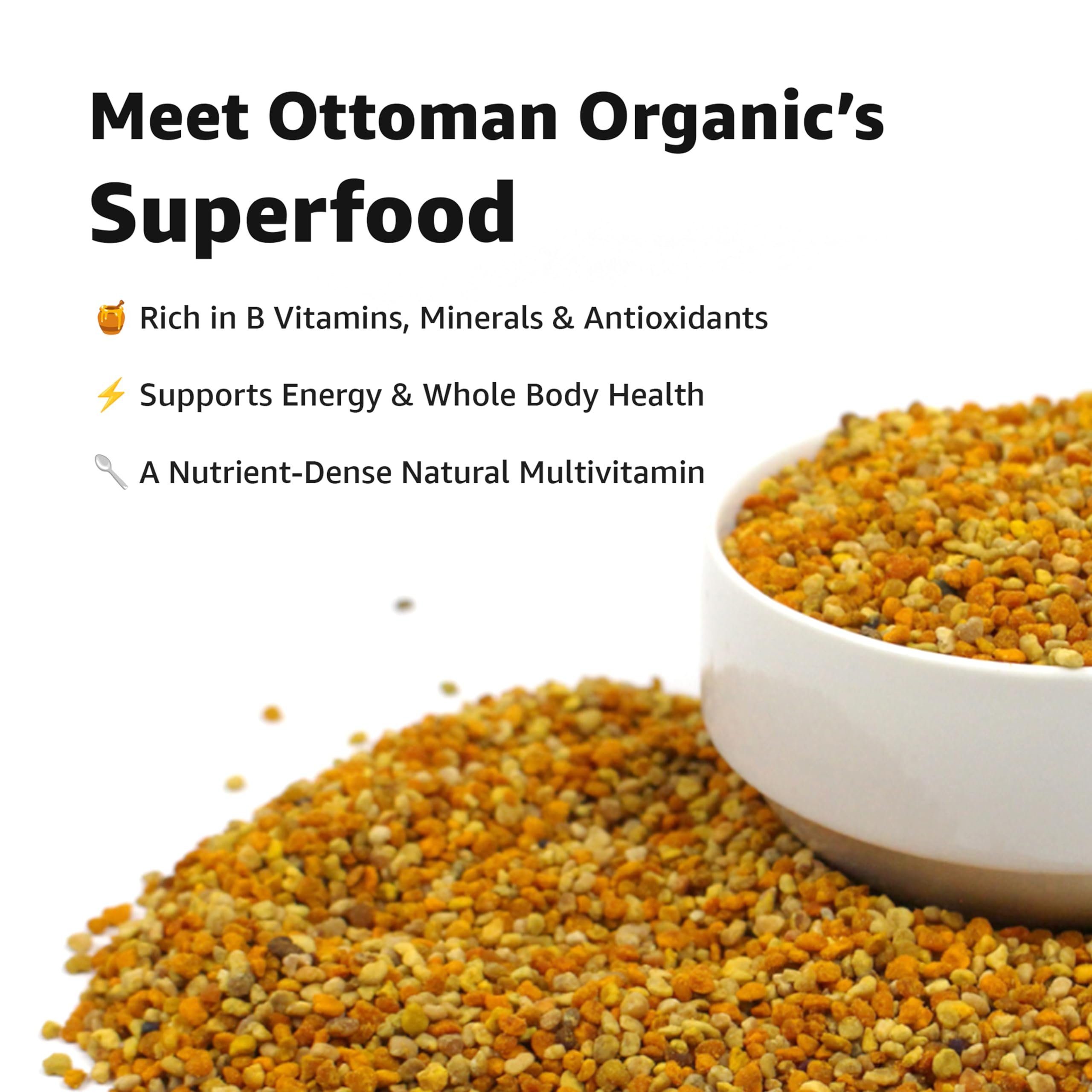 Ottoman Organic bee pollen certifications logos emphasize trusted organic standards.
