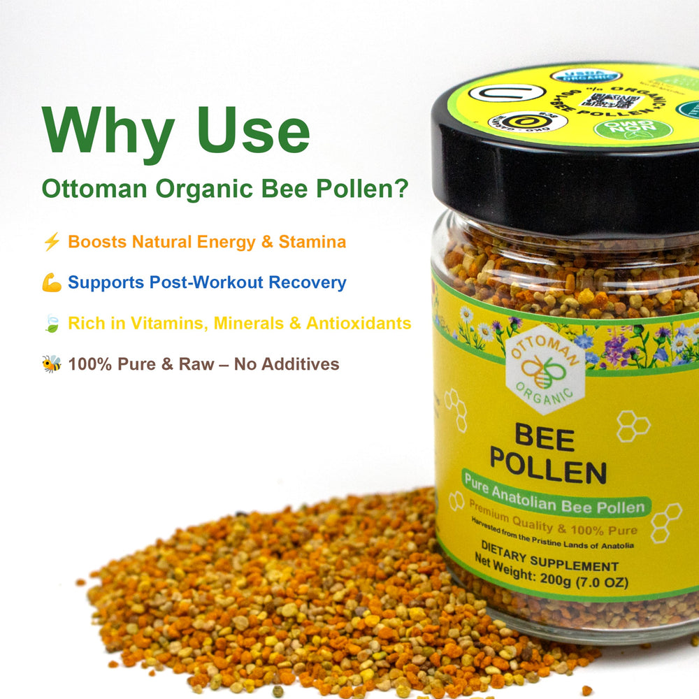 Ottoman Organic bee pollen dispensed with scoop shows easy daily addition.