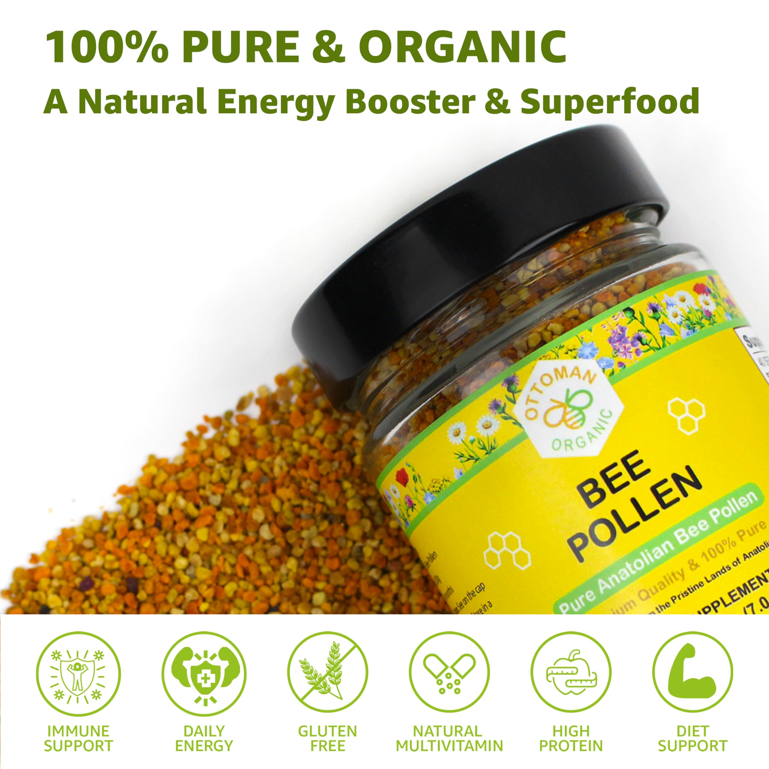 Ottoman Organic bee pollen granules closeup reveals natural texture and nutrient density.