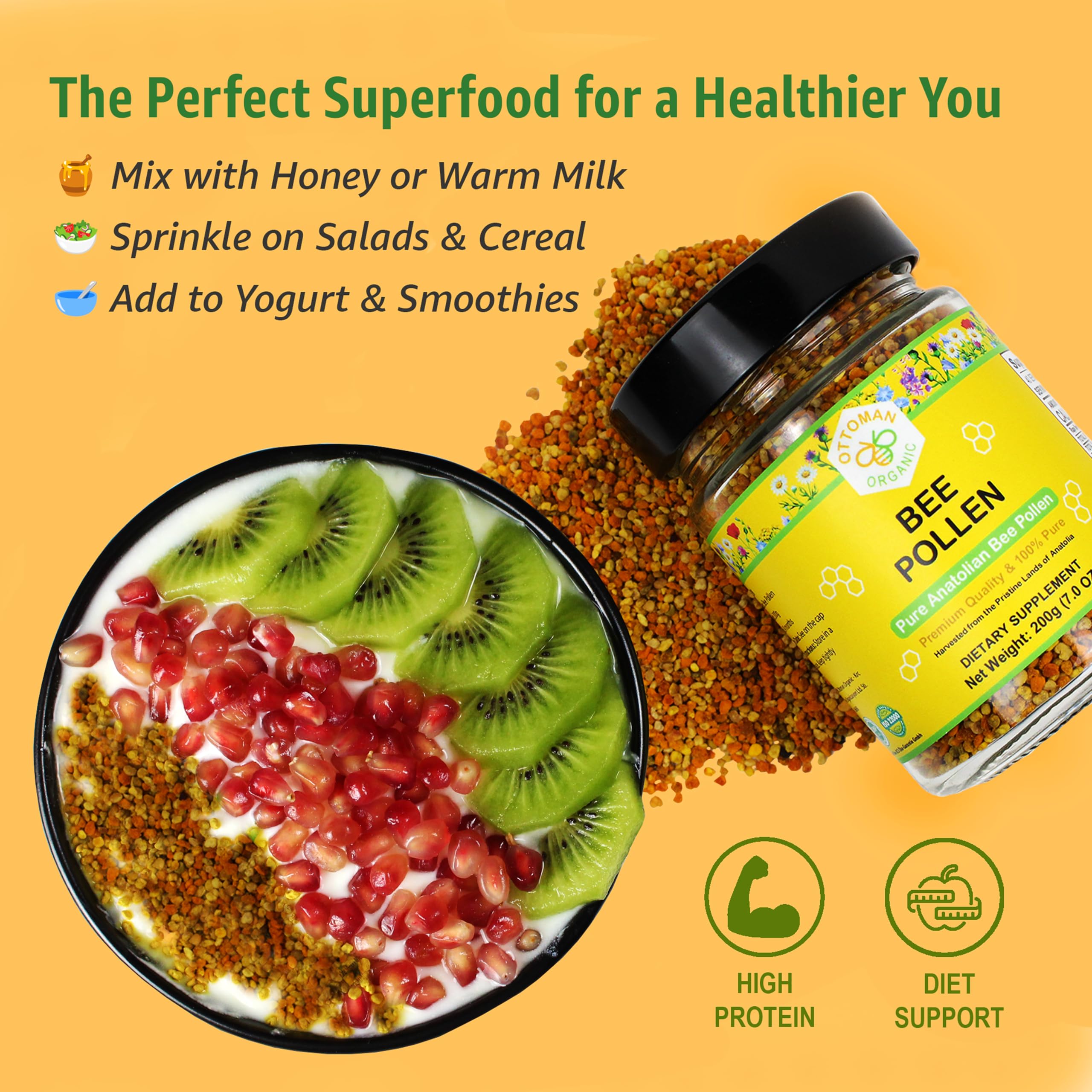 Ottoman Organic bee pollen smoothie usage scene suggests versatile mixing options.