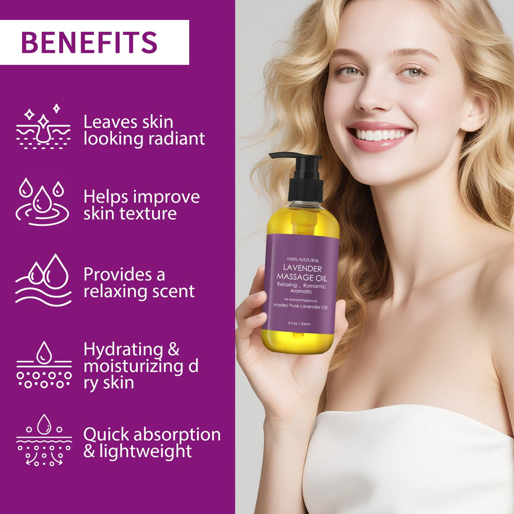 Closeup of OUPEICHARM Lavender Massage Oil showing silky texture and hydration.