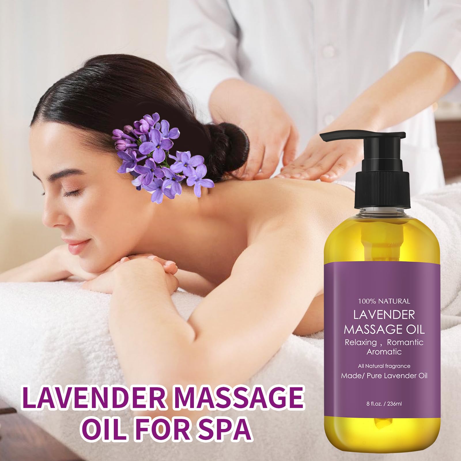 OUPEICHARM Lavender Massage Oil label highlighting natural ingredients and lavender aroma.