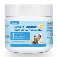 Ourea Renal K bottle showing potassium gluconate for steady electrolyte balance in pets