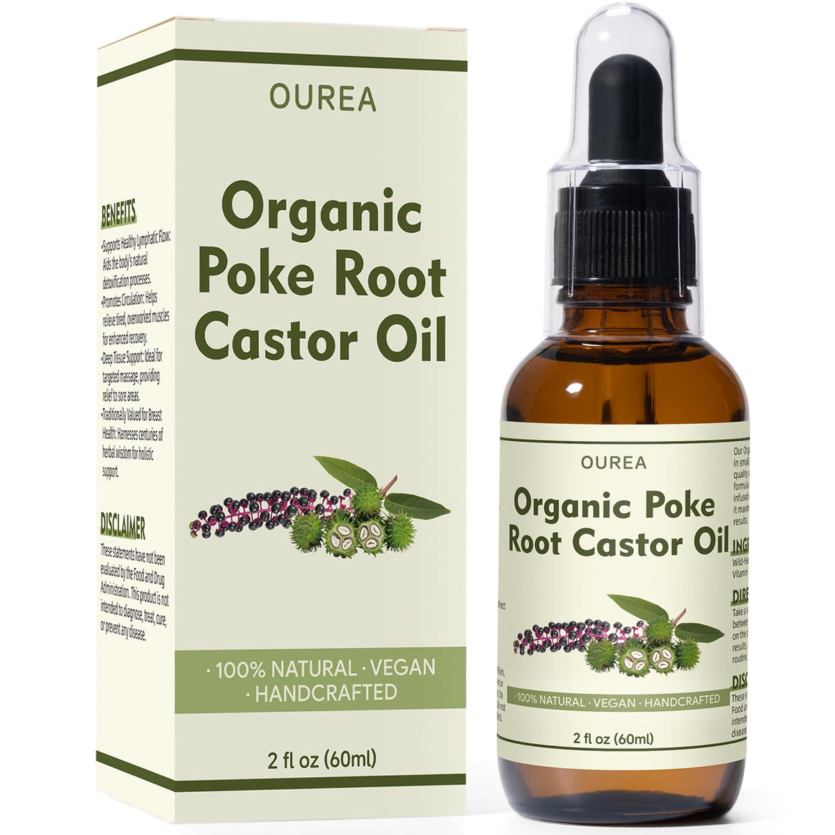 OUREA Organic Poke Root Castor Oil bottle for gentle massage and lymphatic support.