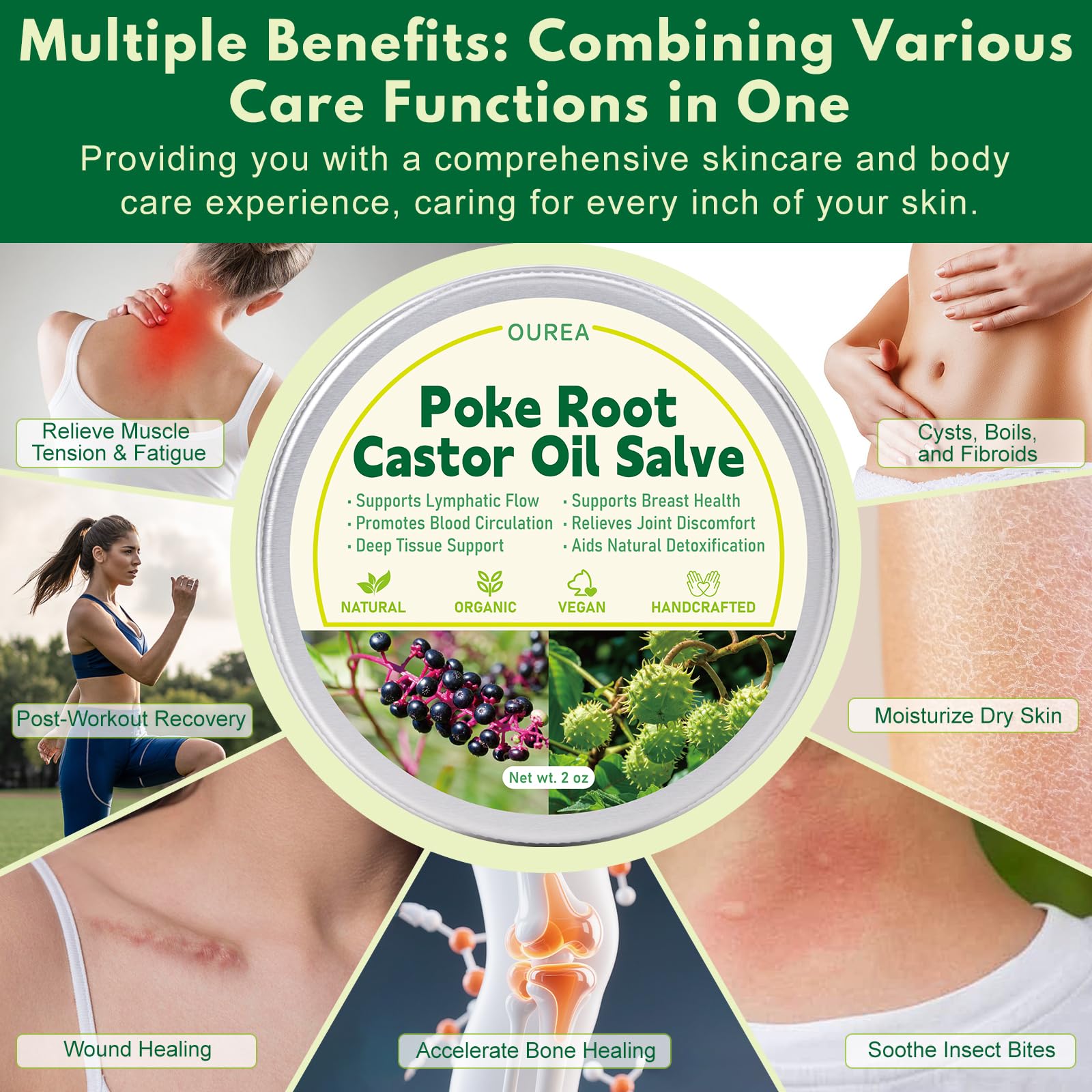 Ourea salve jar label emphasizes natural ingredients and deep hydration.