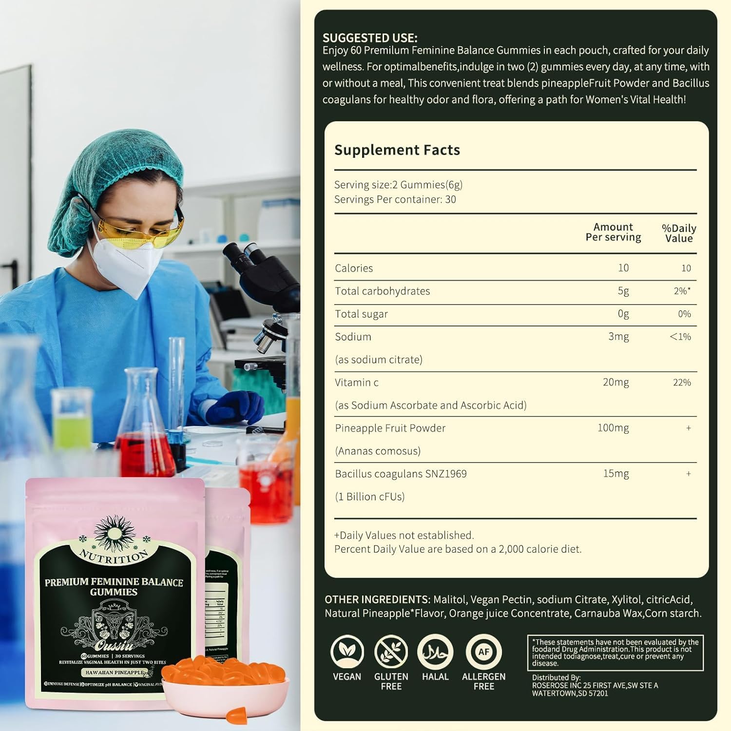 Oussiu gummies label emphasizes vegan, gluten-free formula for pH balance and flora support