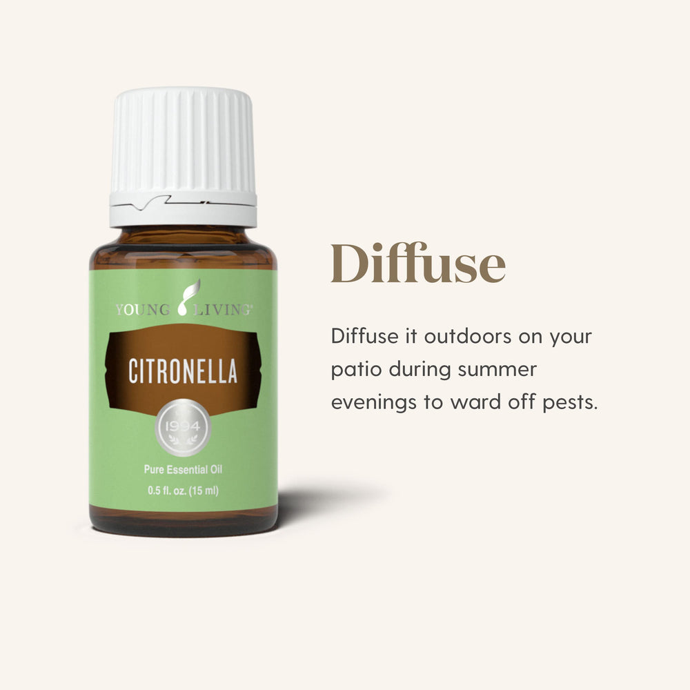 Outdoor patio scene with Young Living citronella aroma for relaxing evenings.