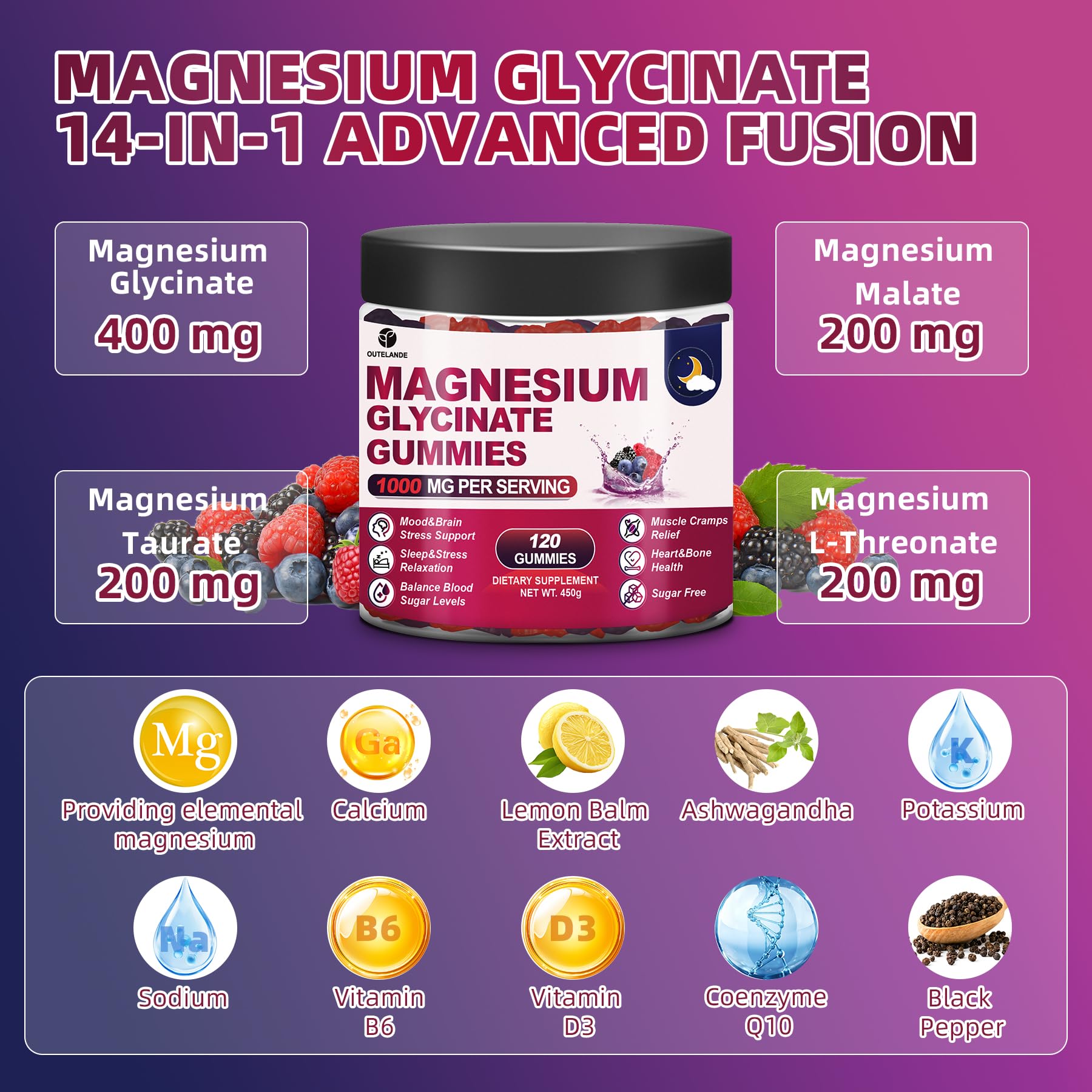OUTELANDE gummies flavor row highlights raspberry, blackberry, and blueberry taste.
