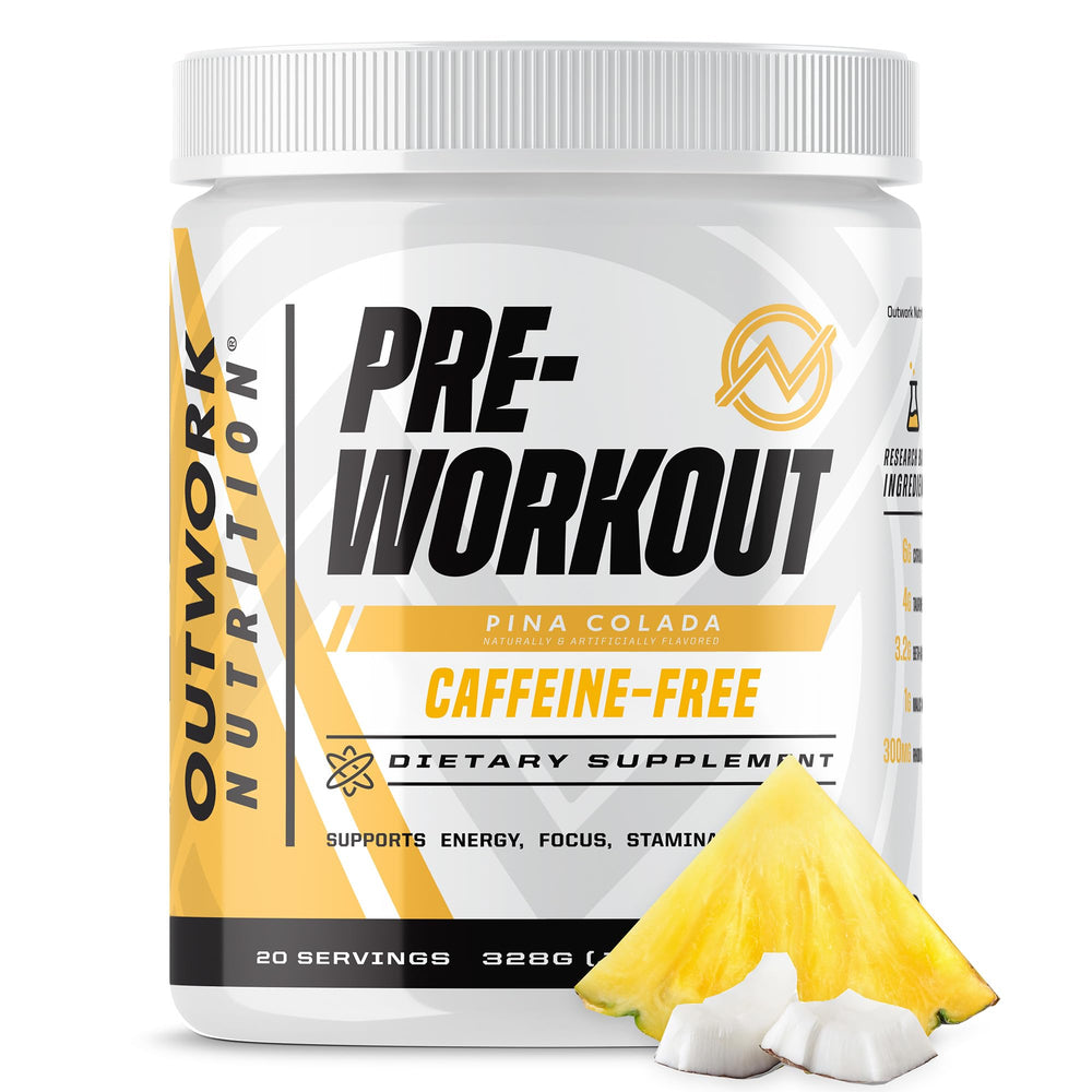 Outwork Non-Stim Pre Workout pineapple-coconut scoop boosts focus.