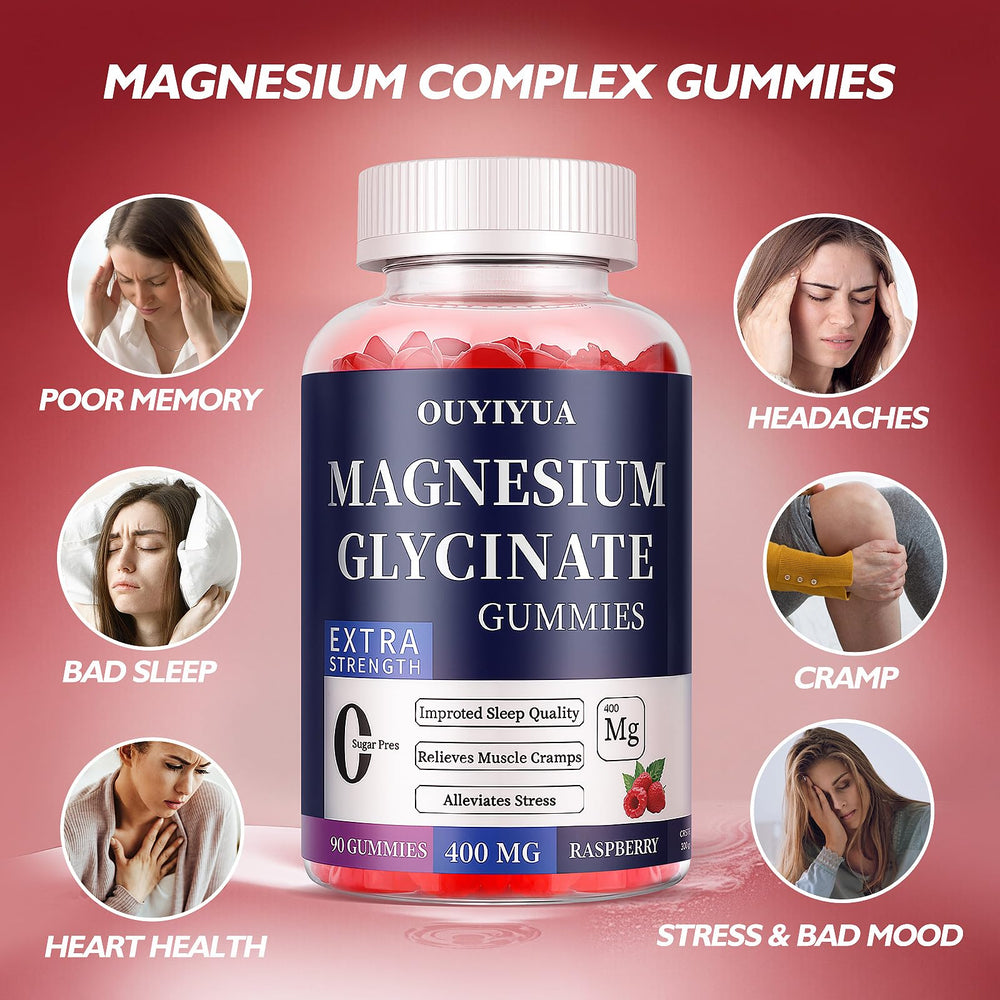 OUYIYUA Magnesium Glycinate Gummies label close-up, vegan and sugar-free formula