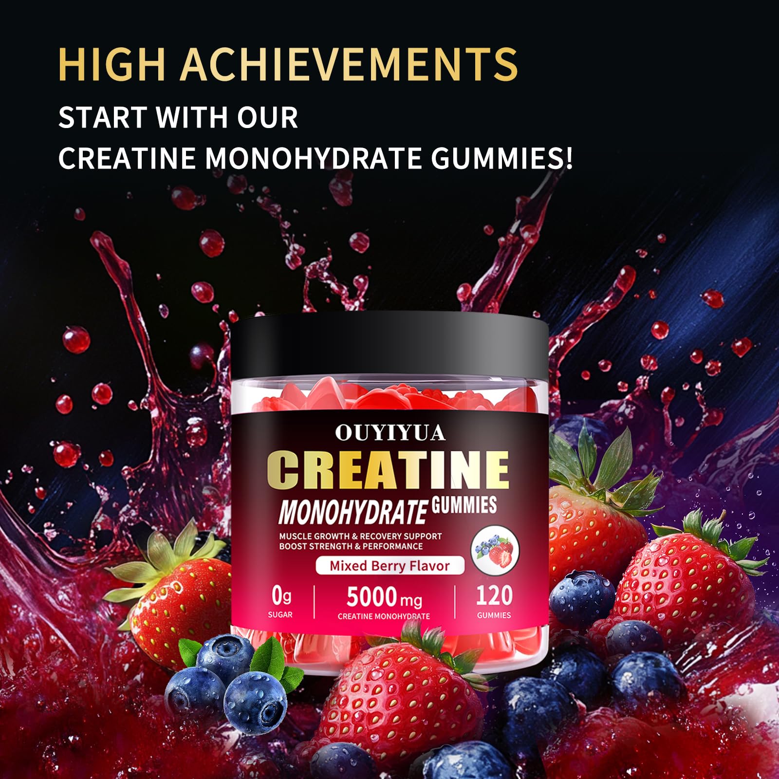 Close-up of OUYIYUA gummies showing 5000mg creatine per serving
