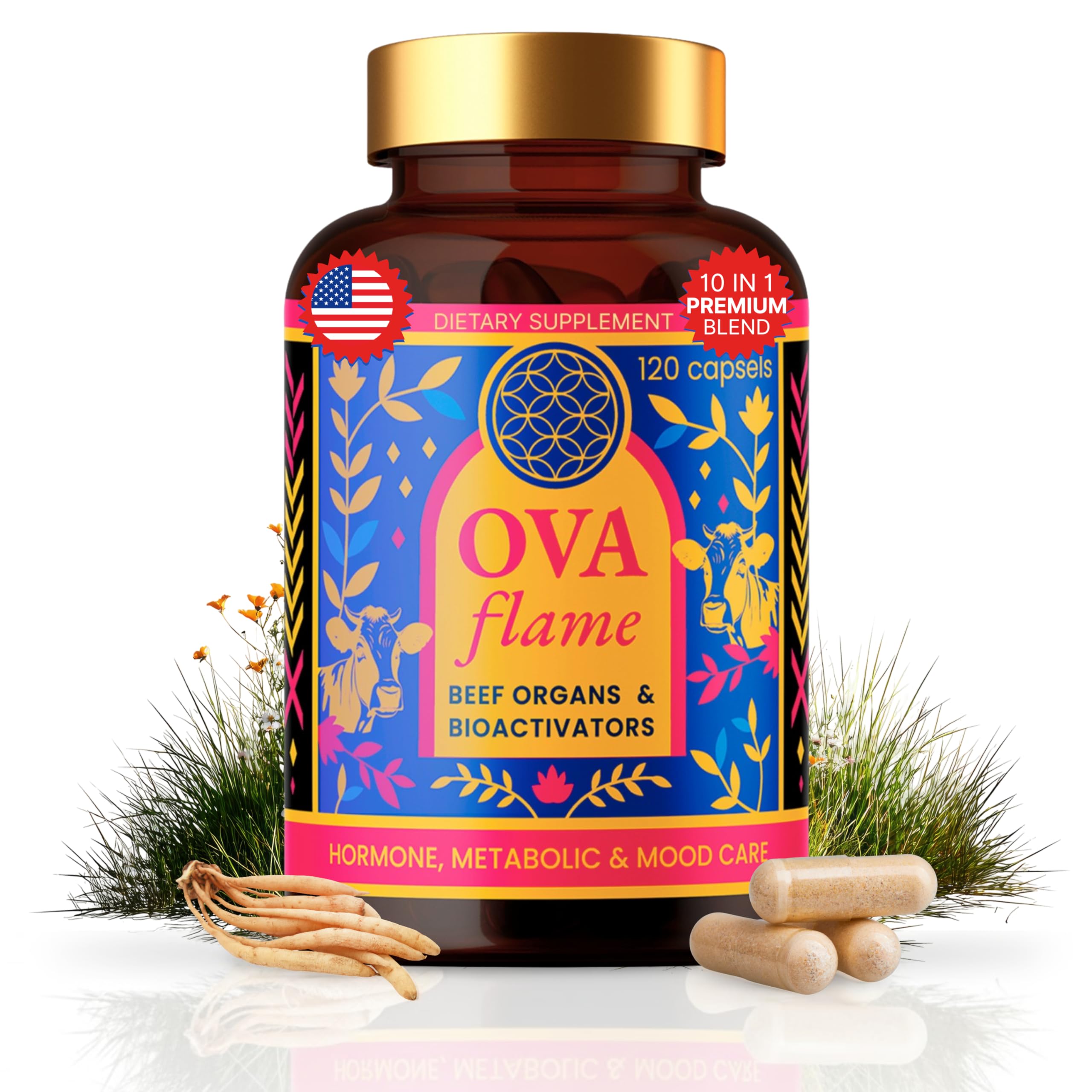 OVA Flame 10-in-1 beef organ supplement bottle on white background supports balanced energy.