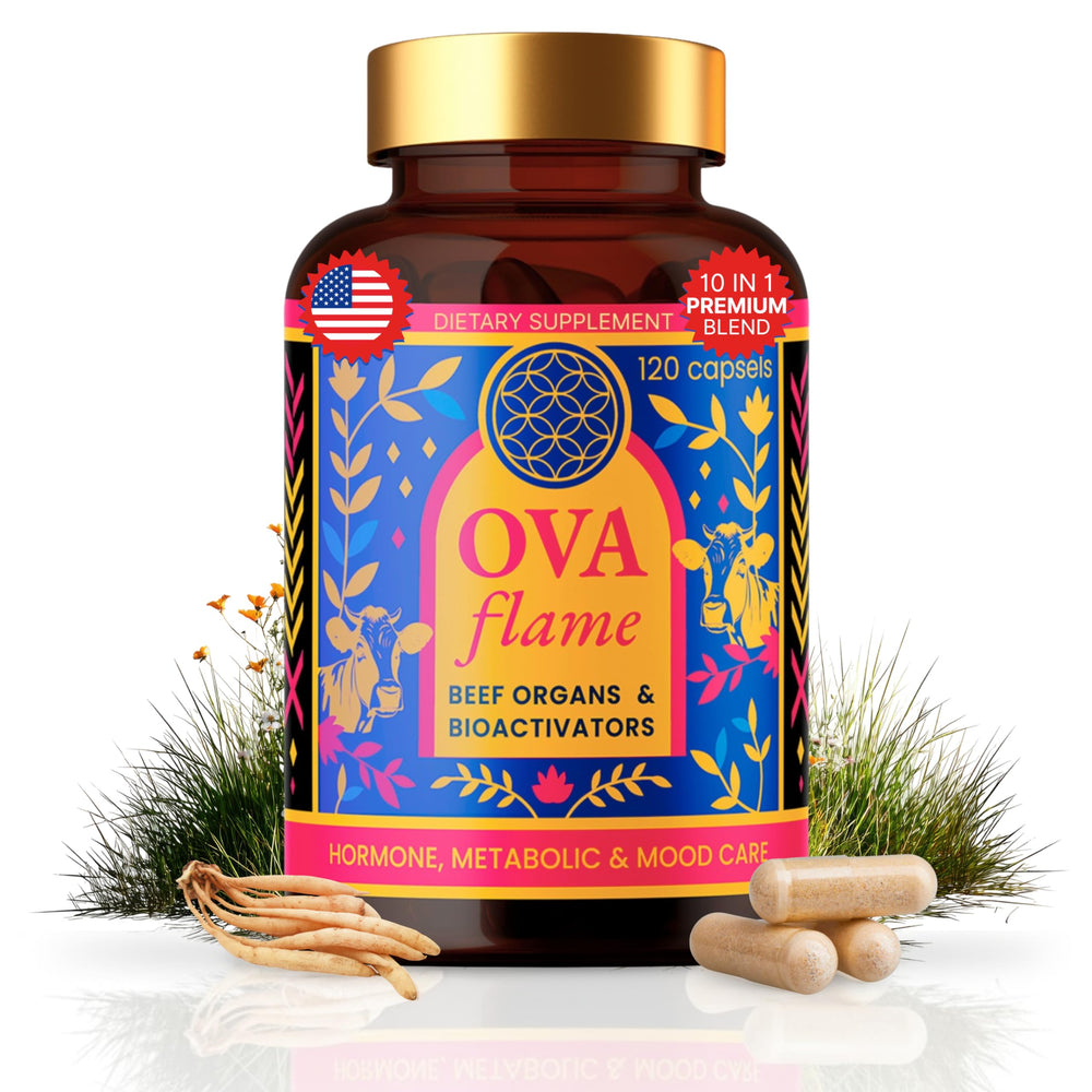 OVA Flame 10-in-1 beef organ supplement bottle on white background supports balanced energy.