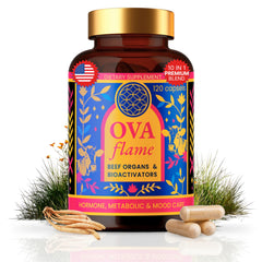OVA Flame 10-in-1 beef organ supplement bottle on white background supports balanced energy.