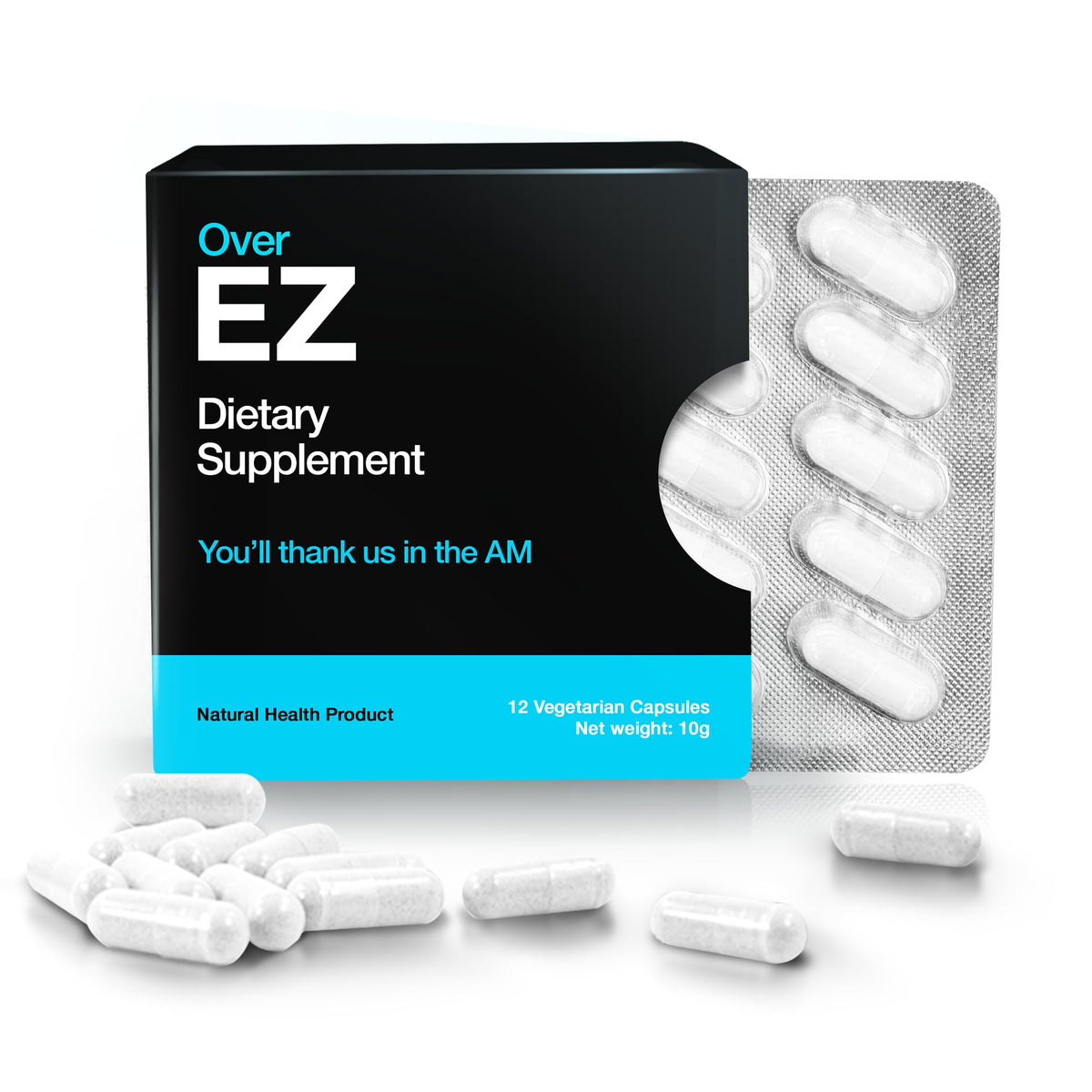 Over EZ bottle and capsules on counter for post-party replenishment.