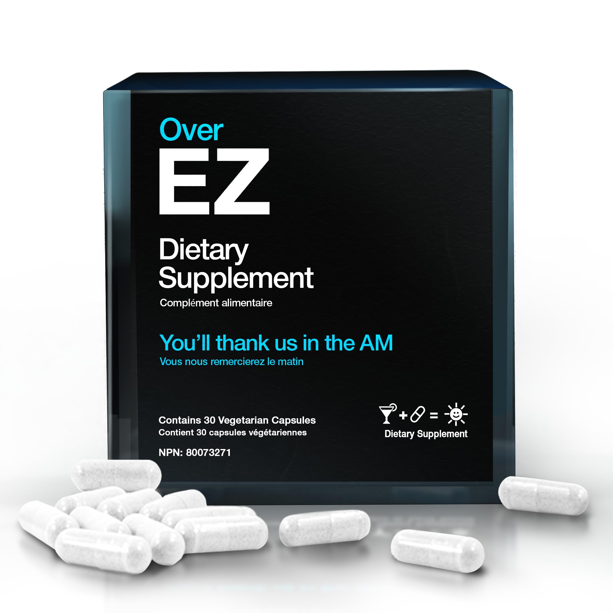 OVER EZ bottle close-up highlighting milk thistle for morning refresh and recovery
