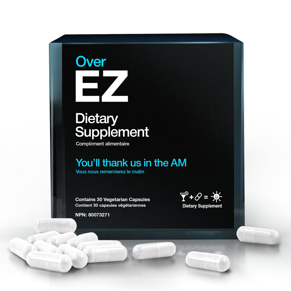 OVER EZ bottle close-up highlighting milk thistle for morning refresh and recovery