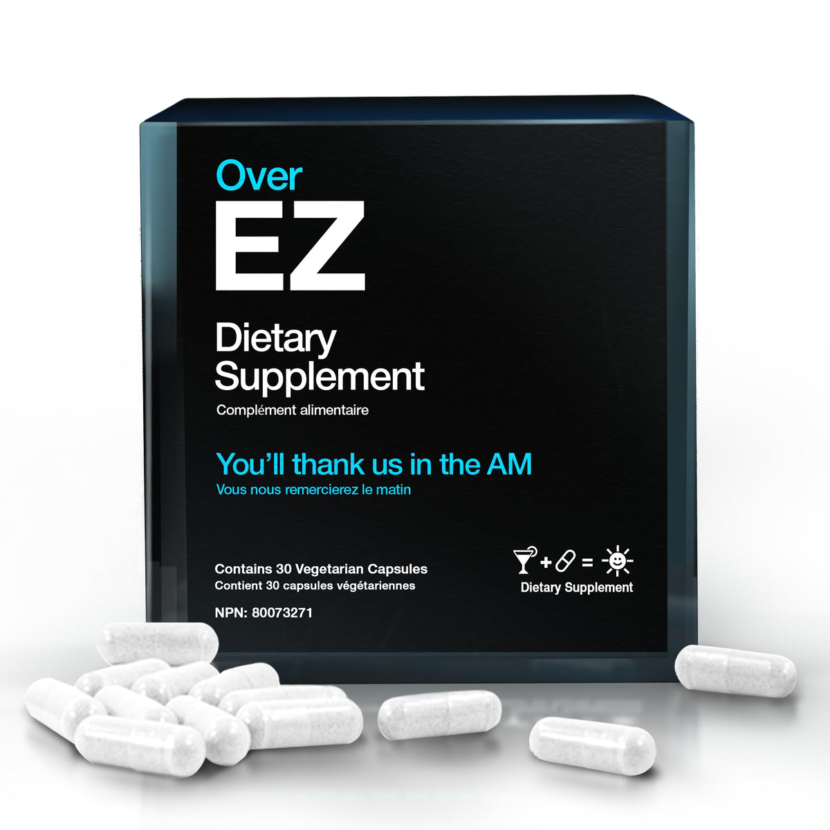 OVER EZ bottle close-up highlighting milk thistle for morning refresh and recovery