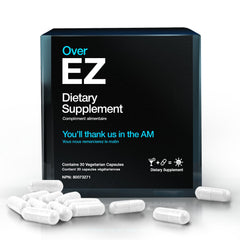 OVER EZ bottle close-up highlighting milk thistle for morning refresh and recovery
