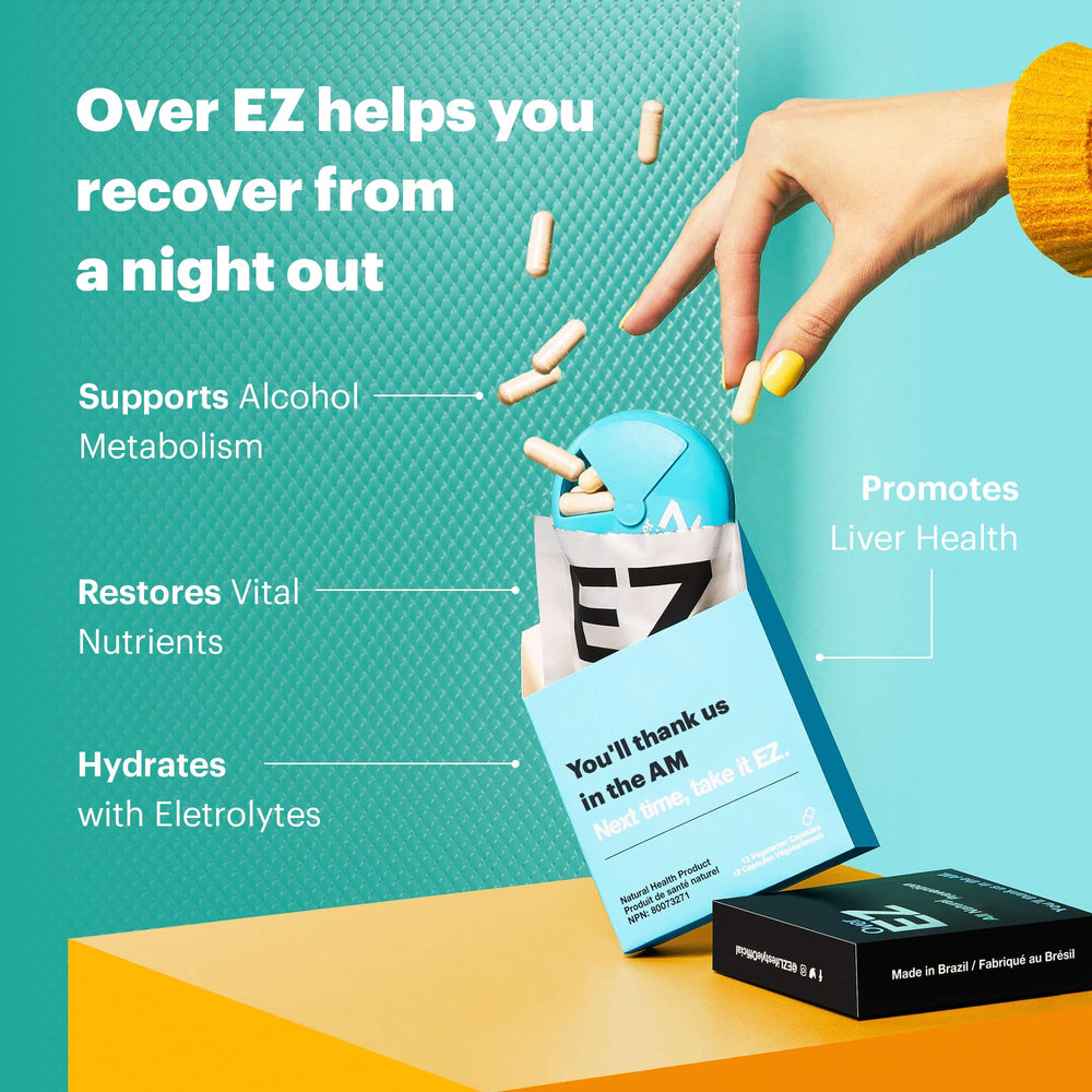 Over EZ bottle beside a glass of water for easy use.