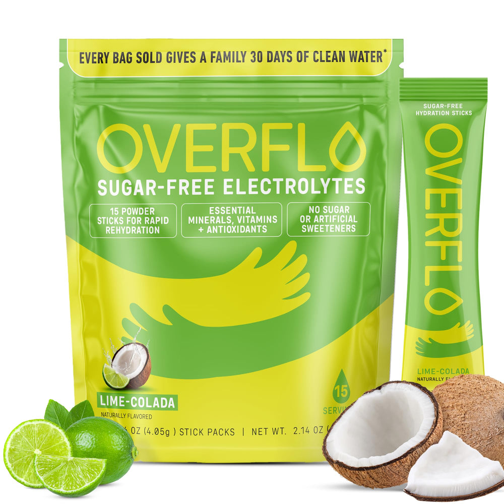 Overflo Electrolyte Packets Lime Colada packaging ready for hydration on the go.