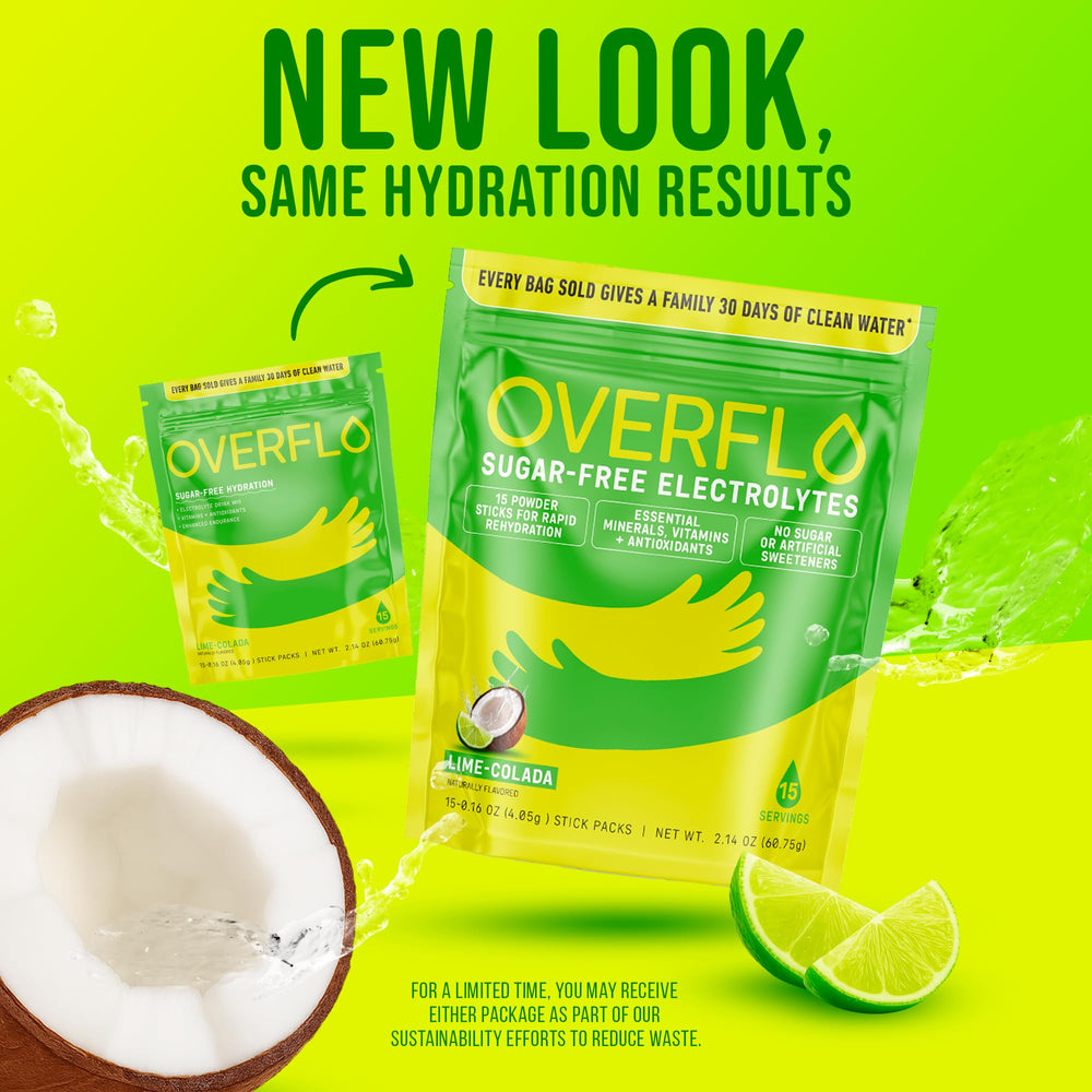 Overflo Electrolyte Packets Lime Colada being poured into water.