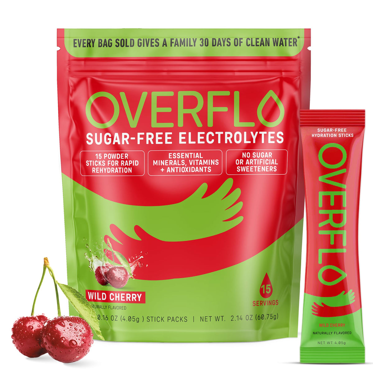 Overflo Wild Cherry packaging front shows sugar-free hydration on the go.