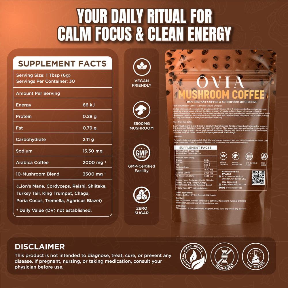 OVIA Natural 10 Mushroom Coffee bag closeup highlights premium texture