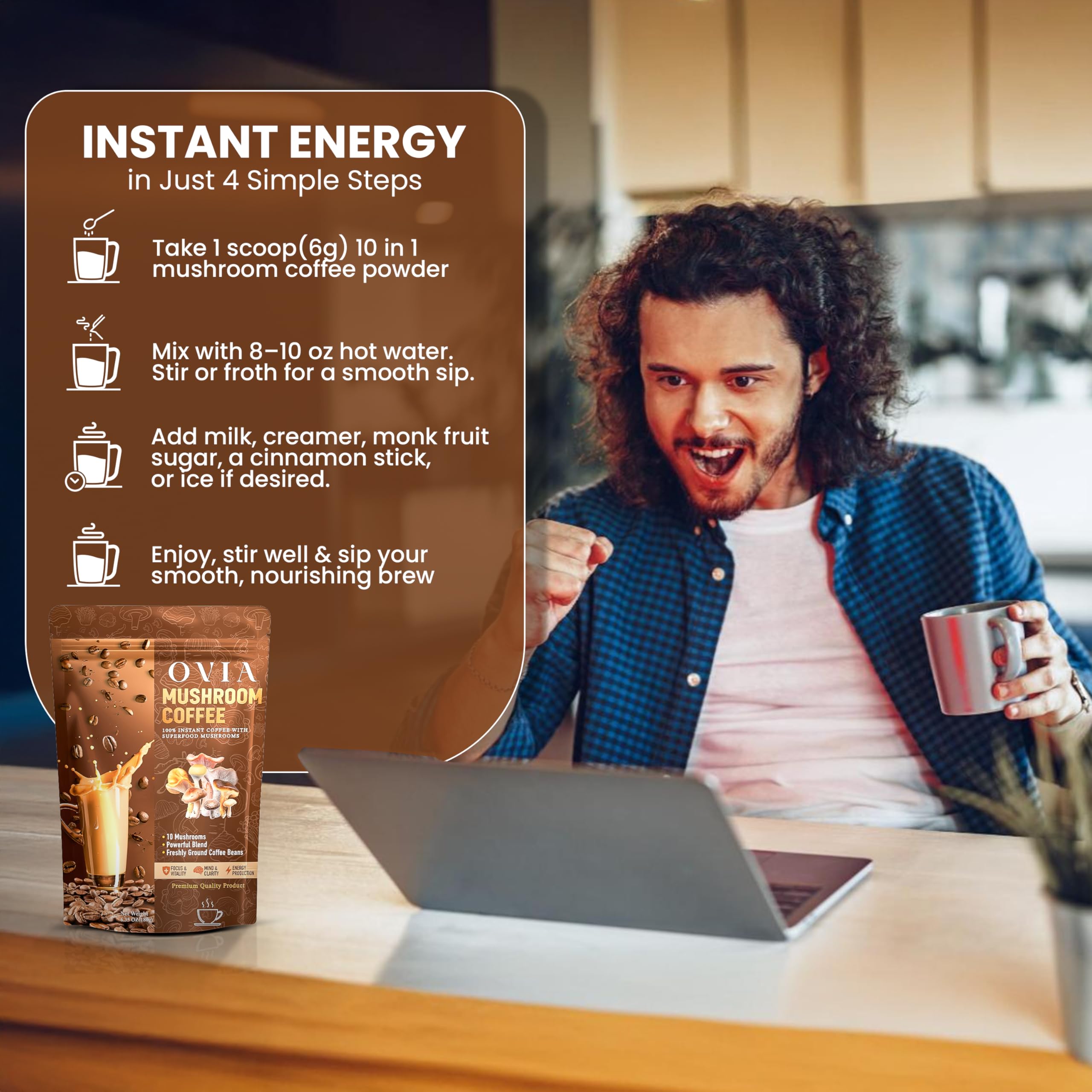 OVIA Natural 10 Mushroom Coffee cup on desk conveys calm, productive vibes