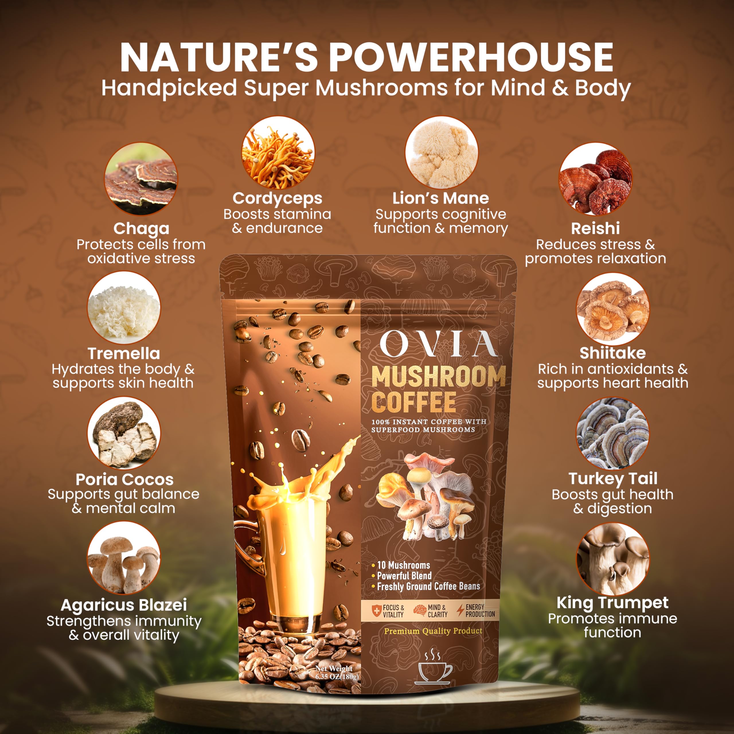 OVIA Natural 10 Mushroom Coffee daily ritual scene suggests balanced energy for focus