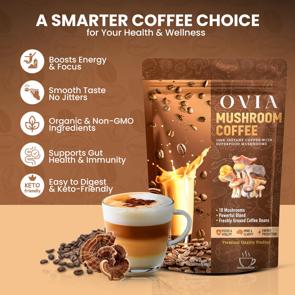 OVIA Natural 10 Mushroom Coffee mug steam illustrating clean energy and clarity