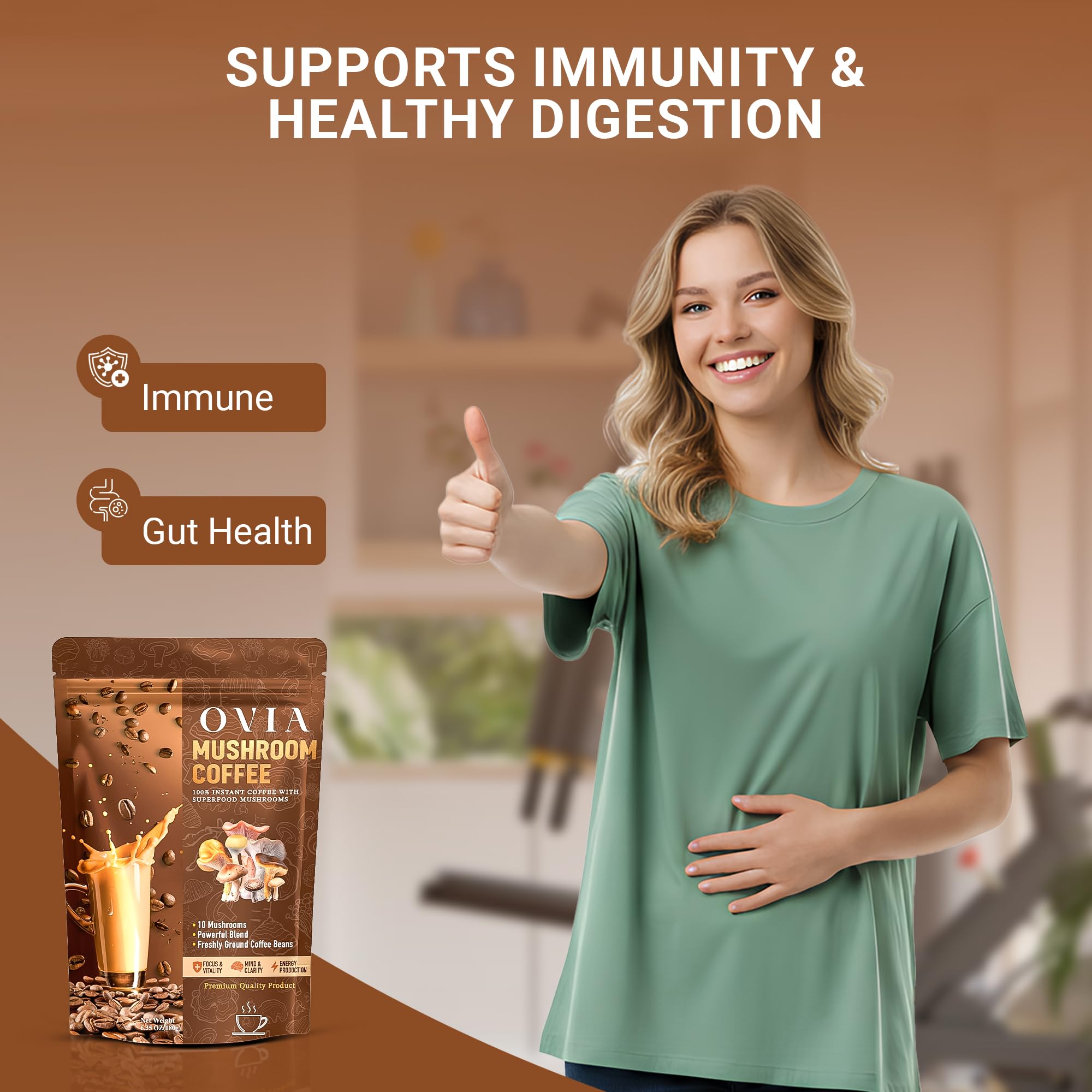 OVIA Natural 10 Mushroom Coffee scoop powder emphasizes easy daily ritual and metabolism support