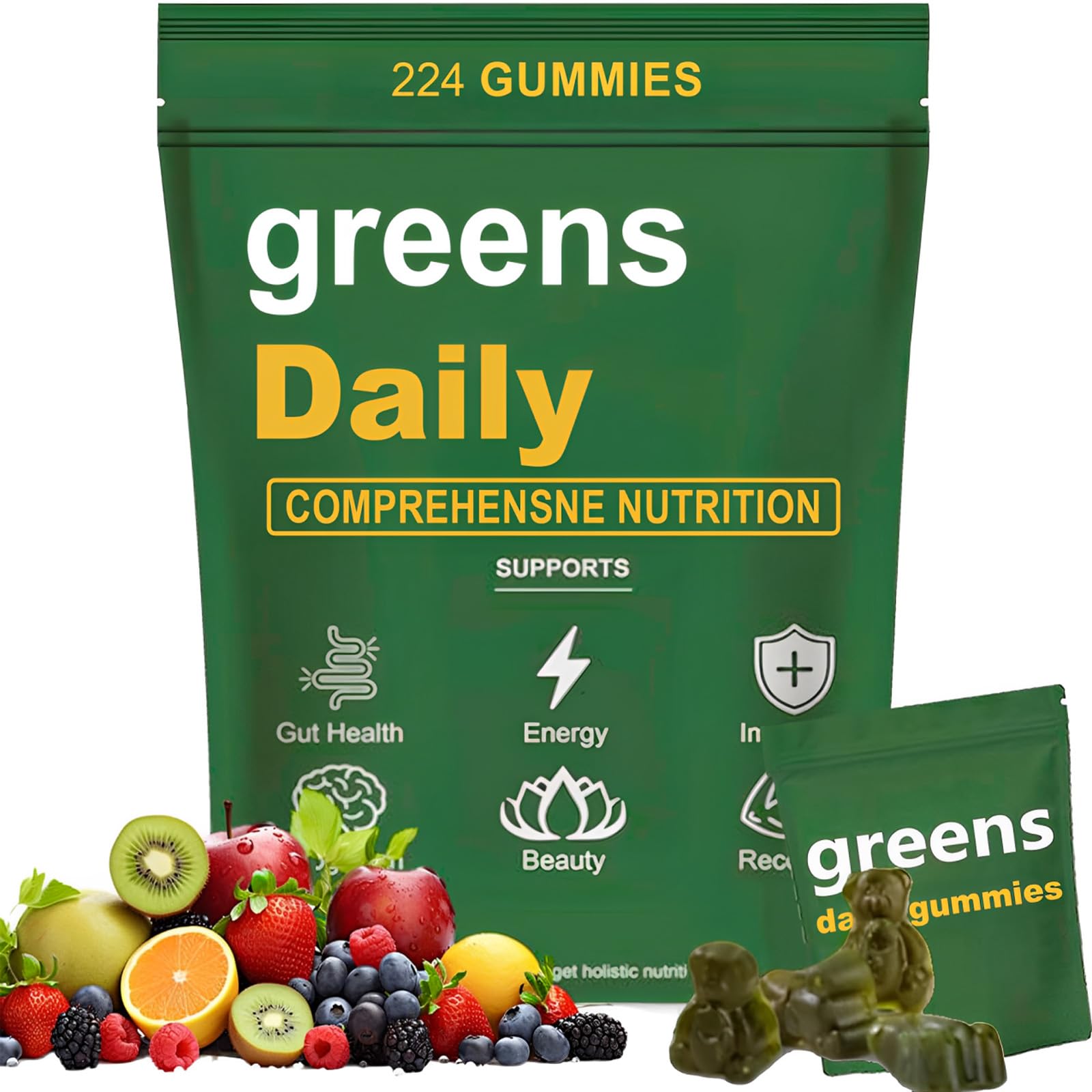 Oviaapo Greens Gummies bottle front showing vibrant greens for daily vitality