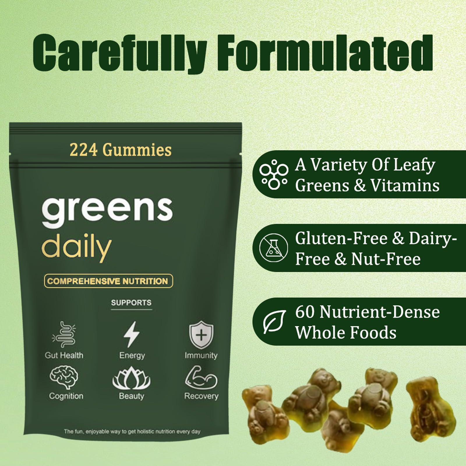 Ingredients label of Oviaapo Greens Gummies with gluten-free and dairy-free notes