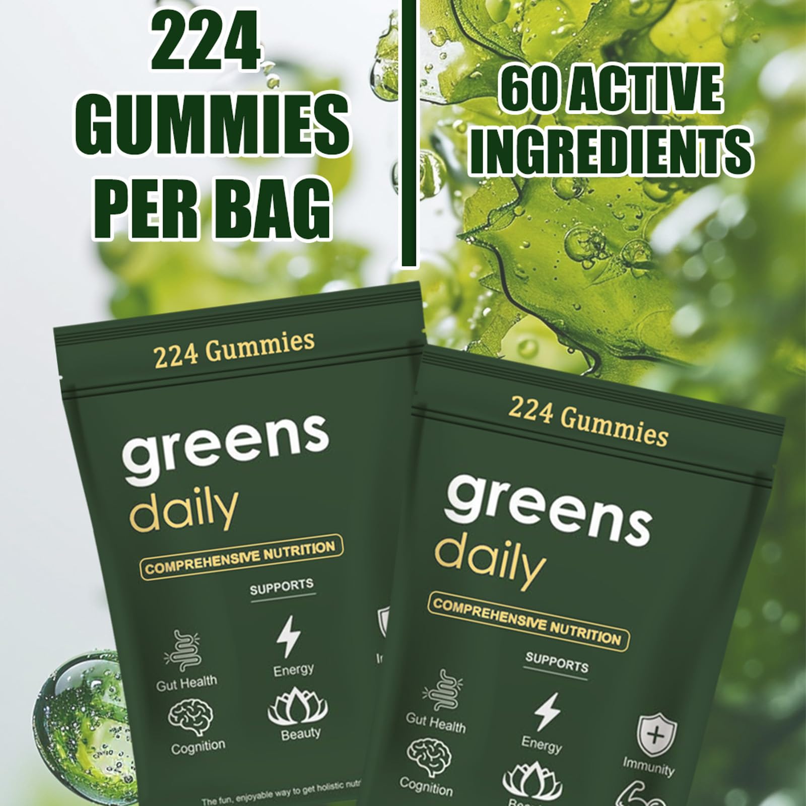 Packaging box of Oviaapo Greens Gummies displaying 224 gummy count