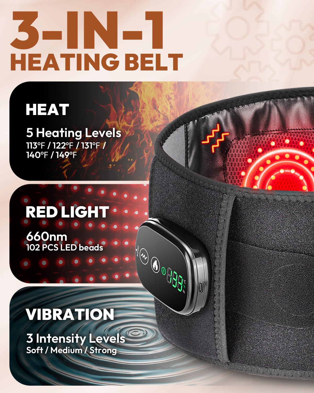 OVIMAZ red light therapy belt side view showing compact massage features