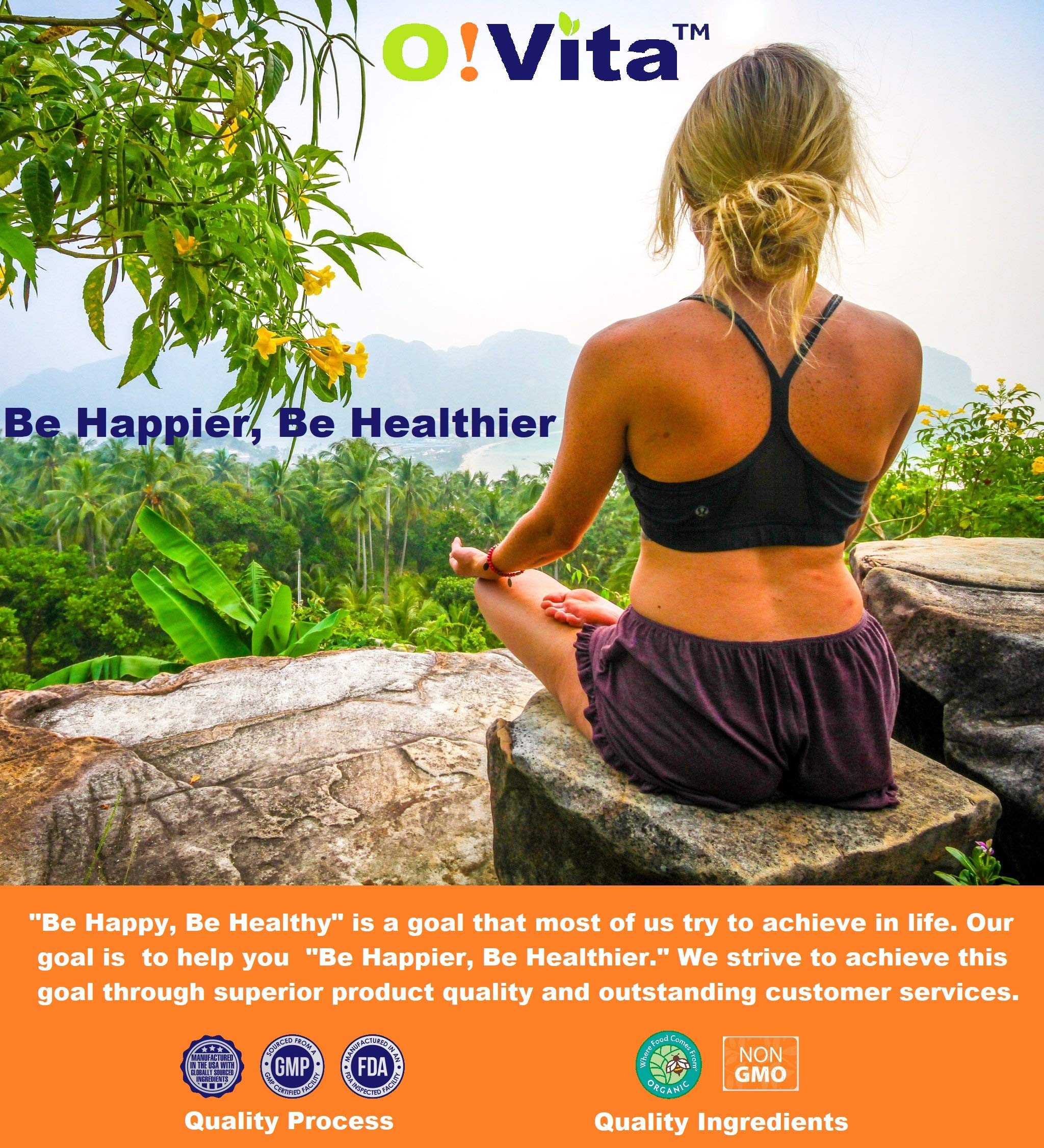 O!VITA USA GMP manufacturing seal non-GMO label, signaling quality.