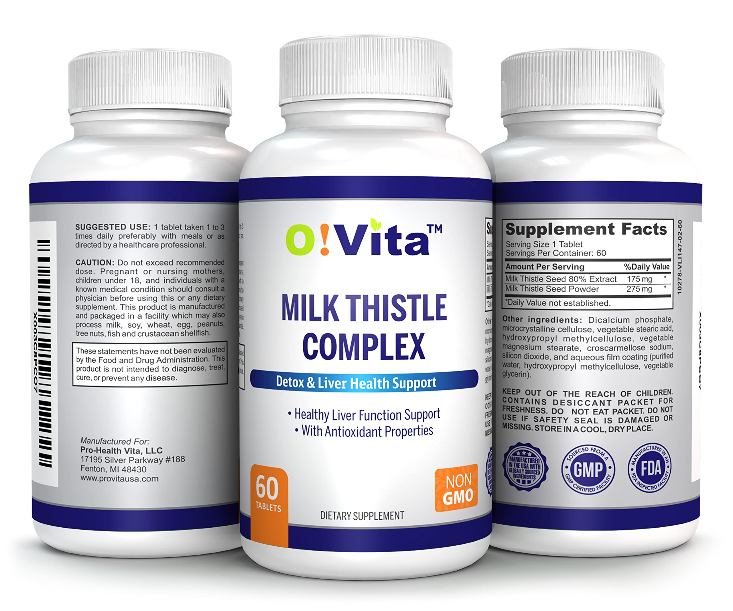 Label on OVITA Milk Thistle Complex showing dosage information for daily use