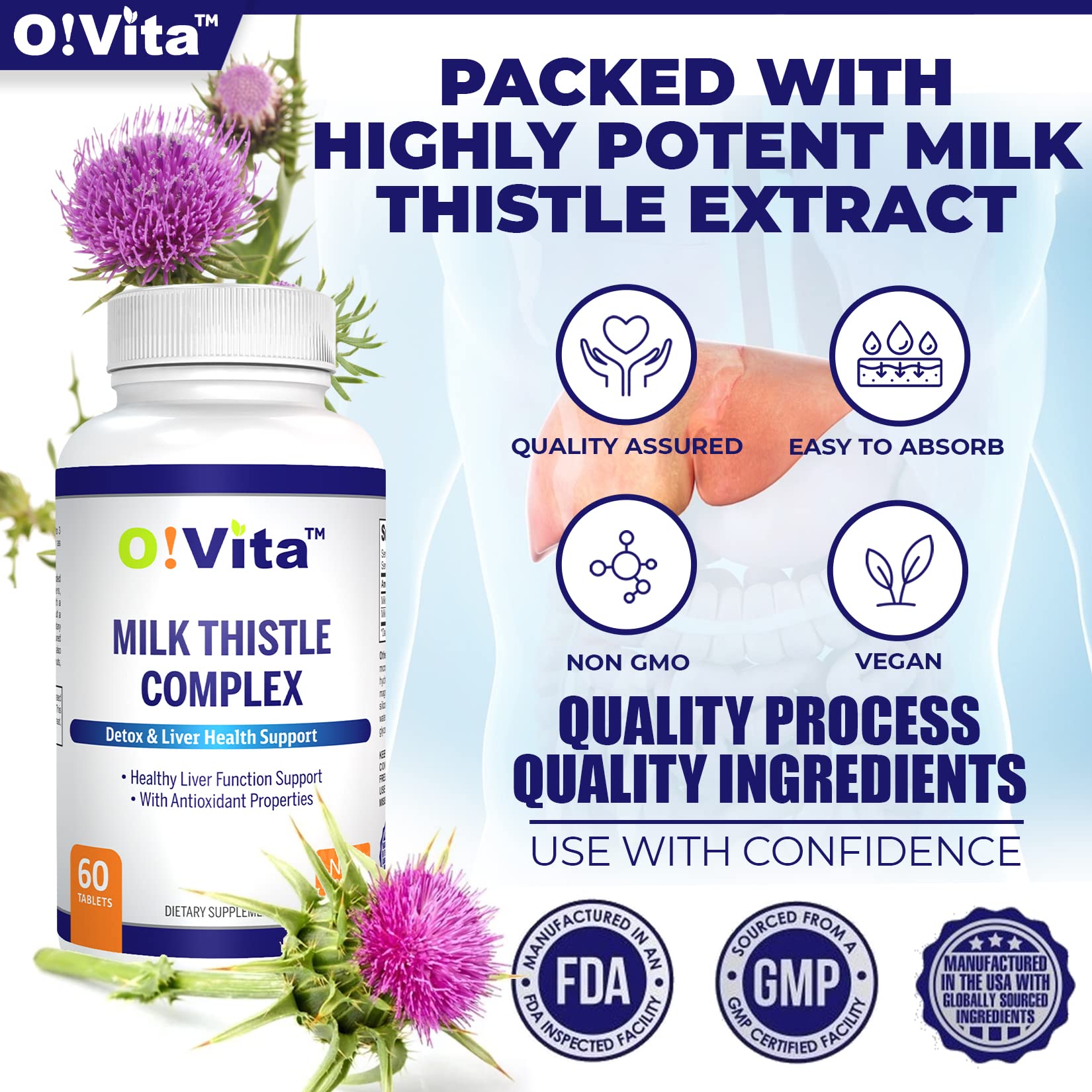 Close view of OVITA Milk Thistle Complex label highlighting vegan, non-GMO formula
