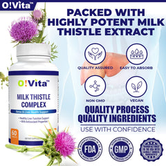 Close view of OVITA Milk Thistle Complex label highlighting vegan, non-GMO formula