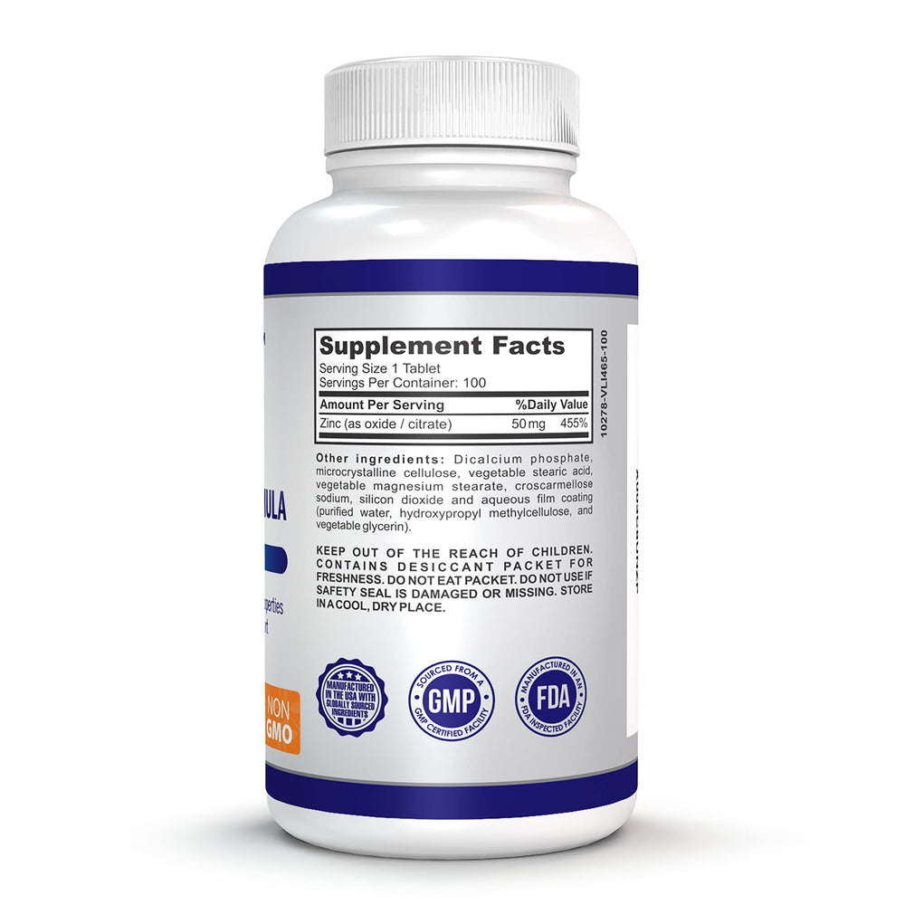 O!VITA Zinc 50mg bottle with label and GMP seal.