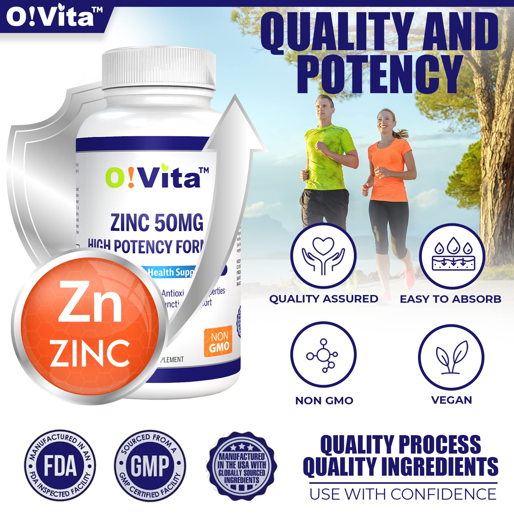 O!VITA Zinc 50mg packaging displays USA-made quality.