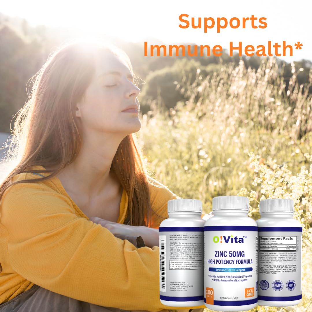 O!VITA Zinc 50mg tablets close-up showing vegan, non-GMO formula.