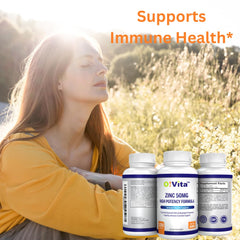O!VITA Zinc 50mg tablets close-up showing vegan, non-GMO formula.