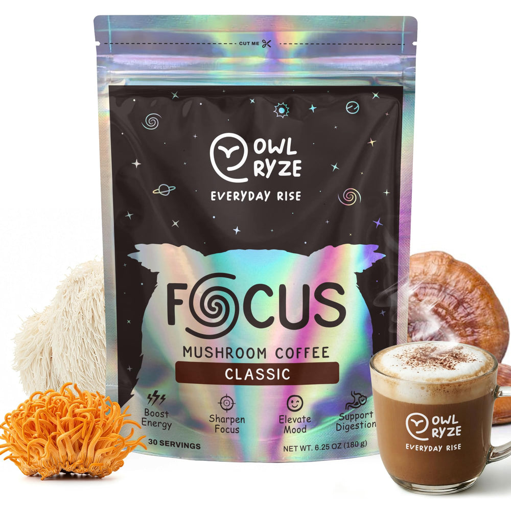 OwlRyze Mushroom Coffee Focus Classic cup offers a smooth energy lift for busy mornings.