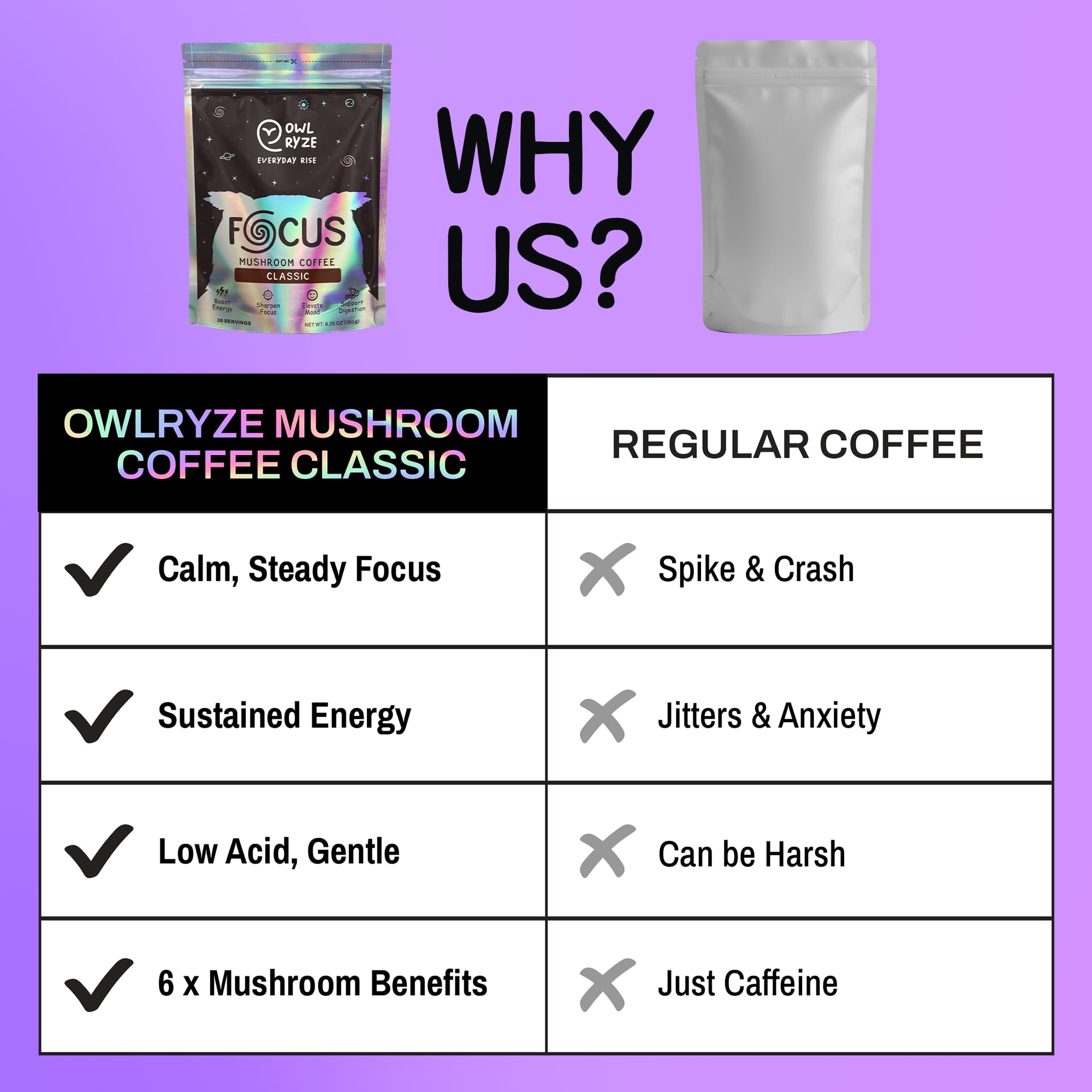 OwlRyze Focus Classic mushroom mix blends six adaptogens for steady focus.