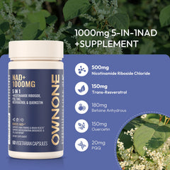 OWNONE NAD+ ingredients panel featuring resveratrol and nicotinamide riboside blend.