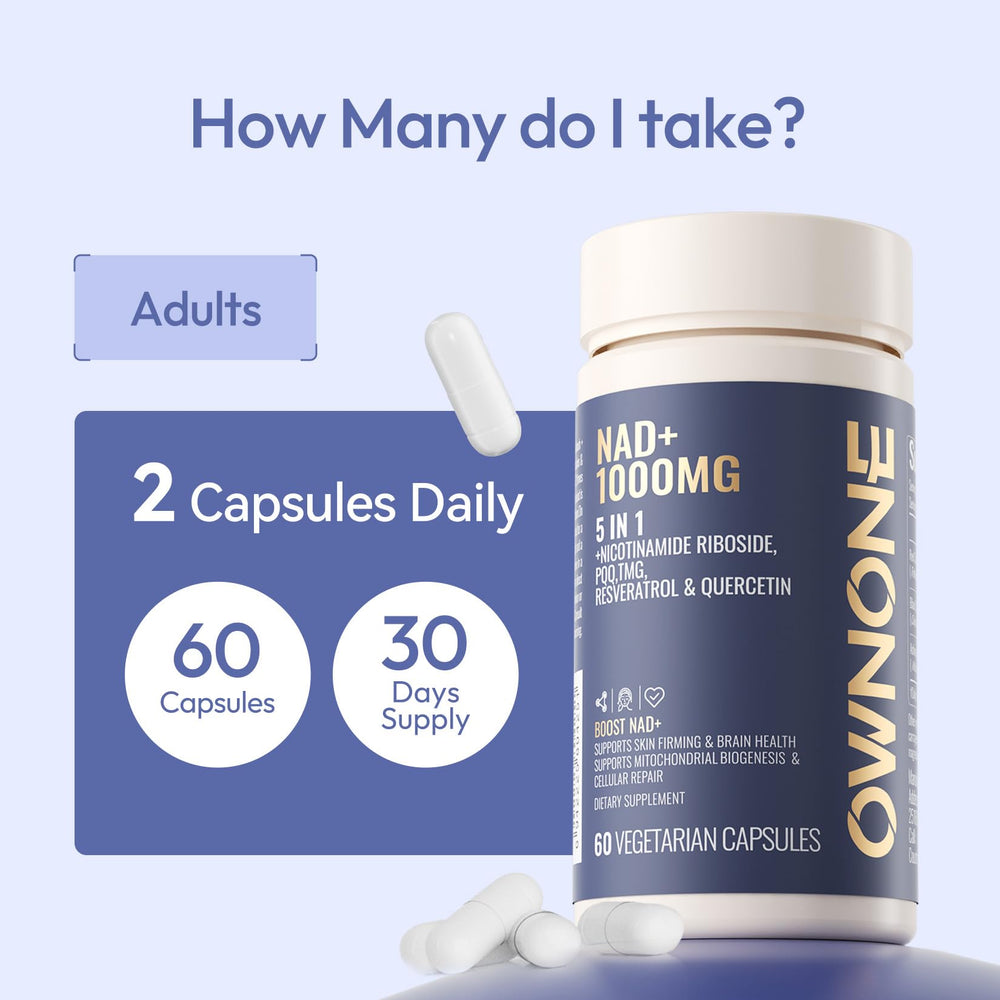 OWNONE NAD+ vegan capsules inside box highlighting allergen-free formulation.