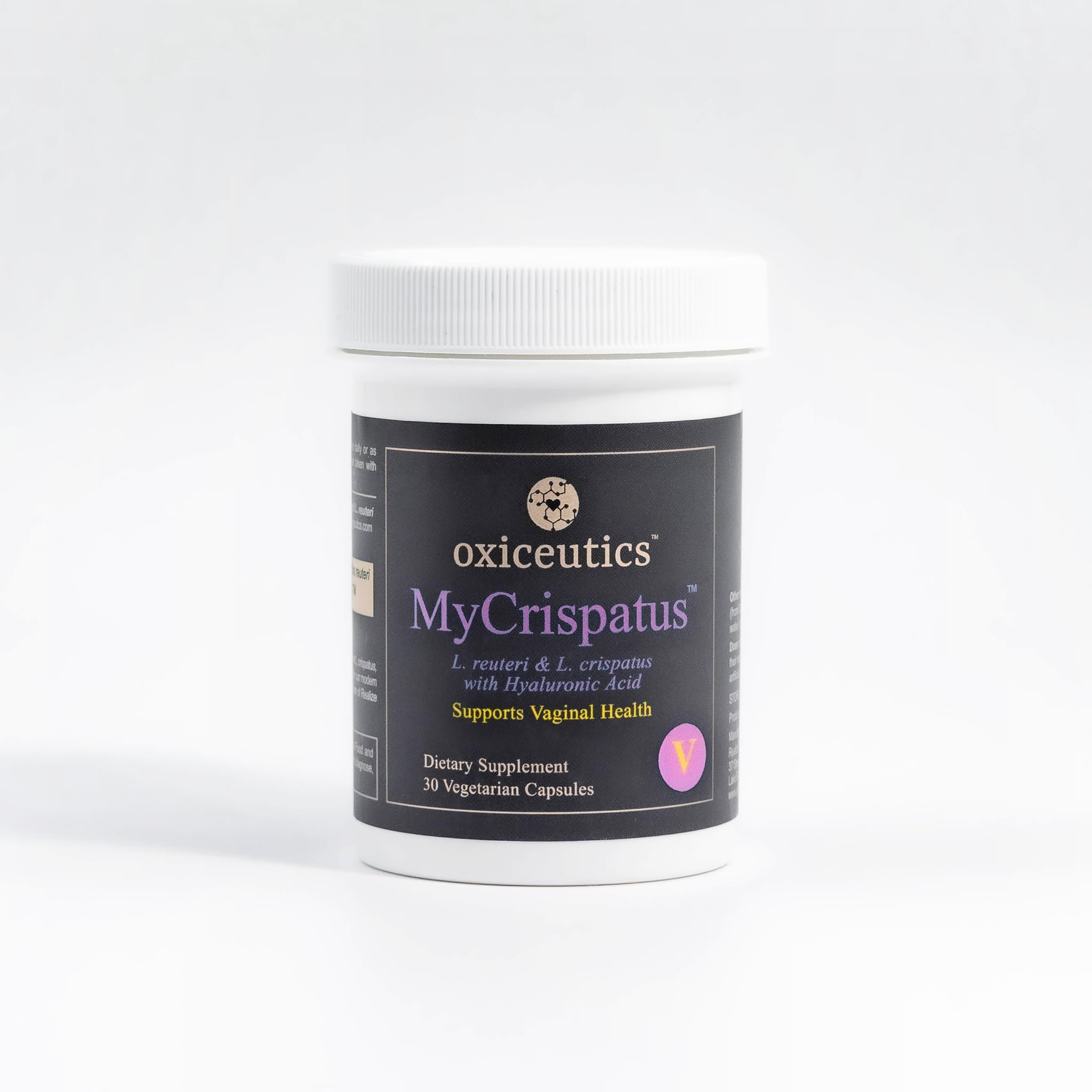 MyCrispatus probiotic bottle highlights LRDR blend for balanced gut and vaginal microbiomes