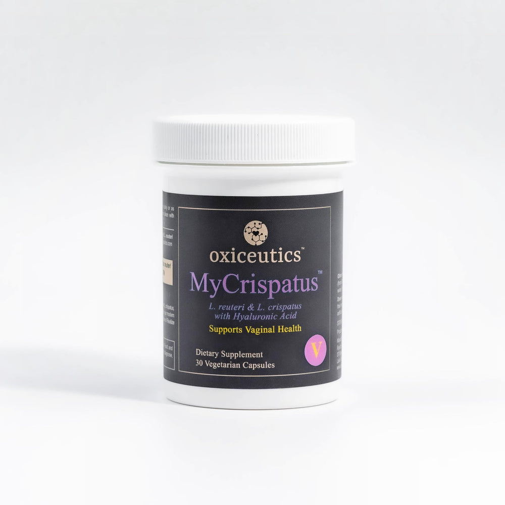 MyCrispatus probiotic bottle highlights LRDR blend for balanced gut and vaginal microbiomes